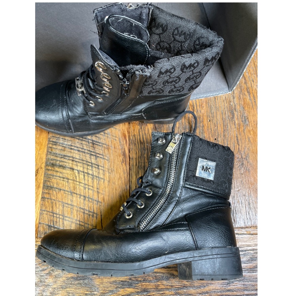 Michael Kors‎ Jenah Black Combat Boots Kids Size 4 MK Logo Monogram Side Zip Lug